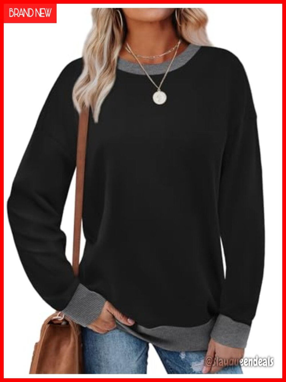 Womens Crewneck Sweatshirt Long Sleeve Loose Fit Ribbed Trim Color Block